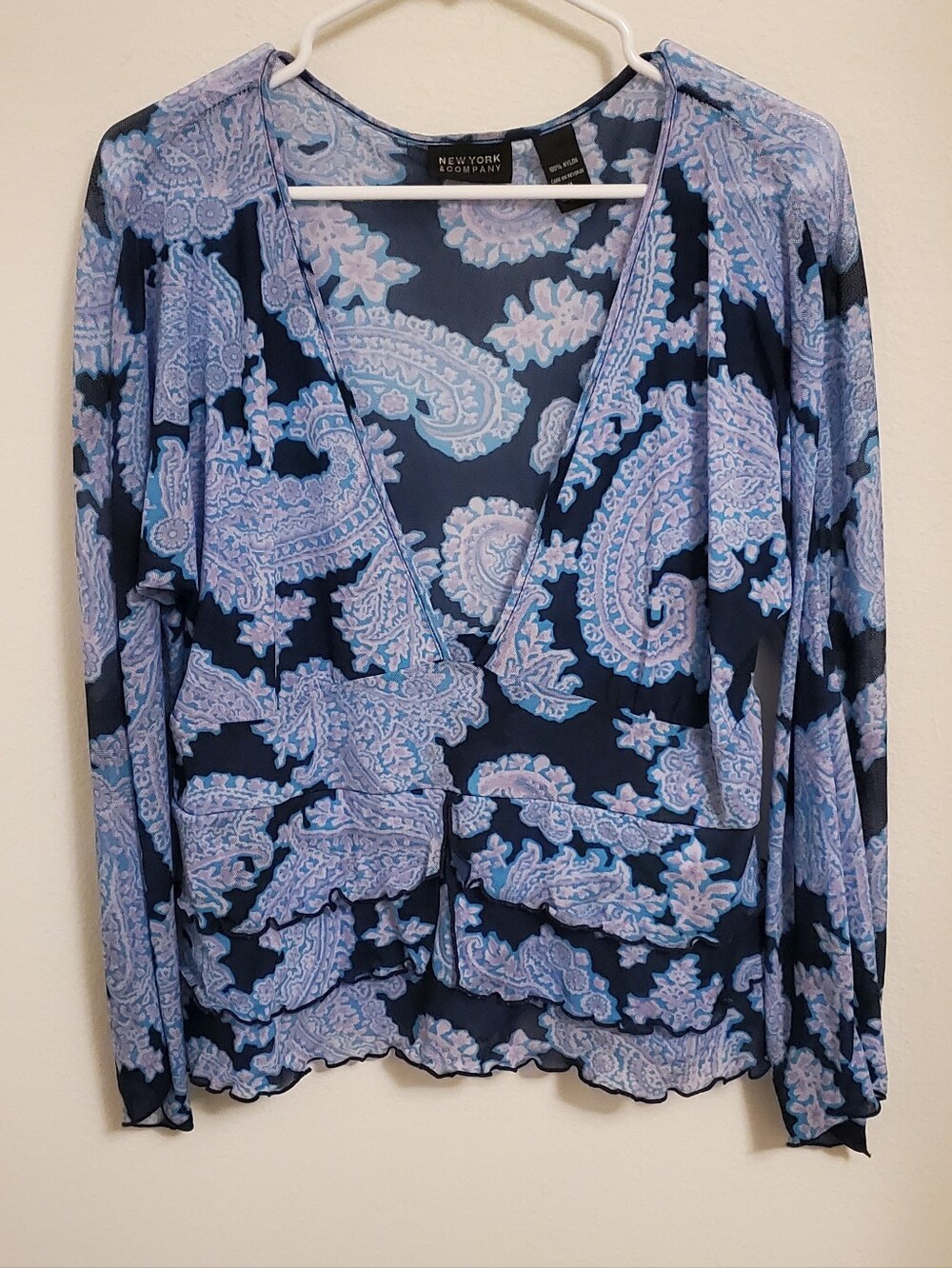 Vintage 90s Y2K New York & Company Navy and Light Blue Paisley Mesh Blouse